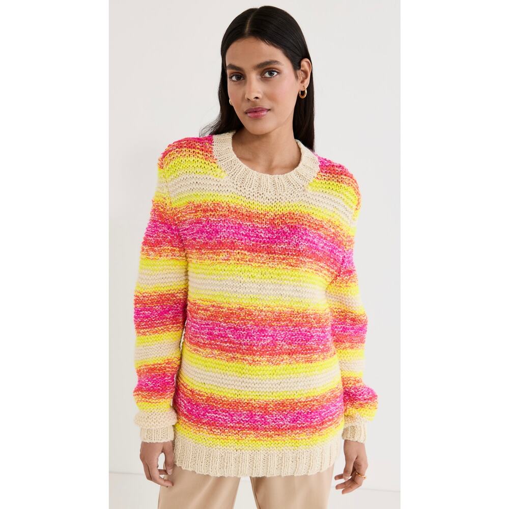 AGR Fluro‎ Hand Knit Crew Neck Sweater Pink Yellow Stripe Wool Medium Oversized